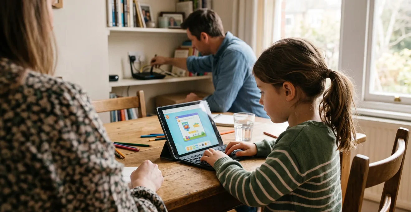 Un enfant utilise une tablette avec clavier à une table pendant qu'un parent coupe le routeur.