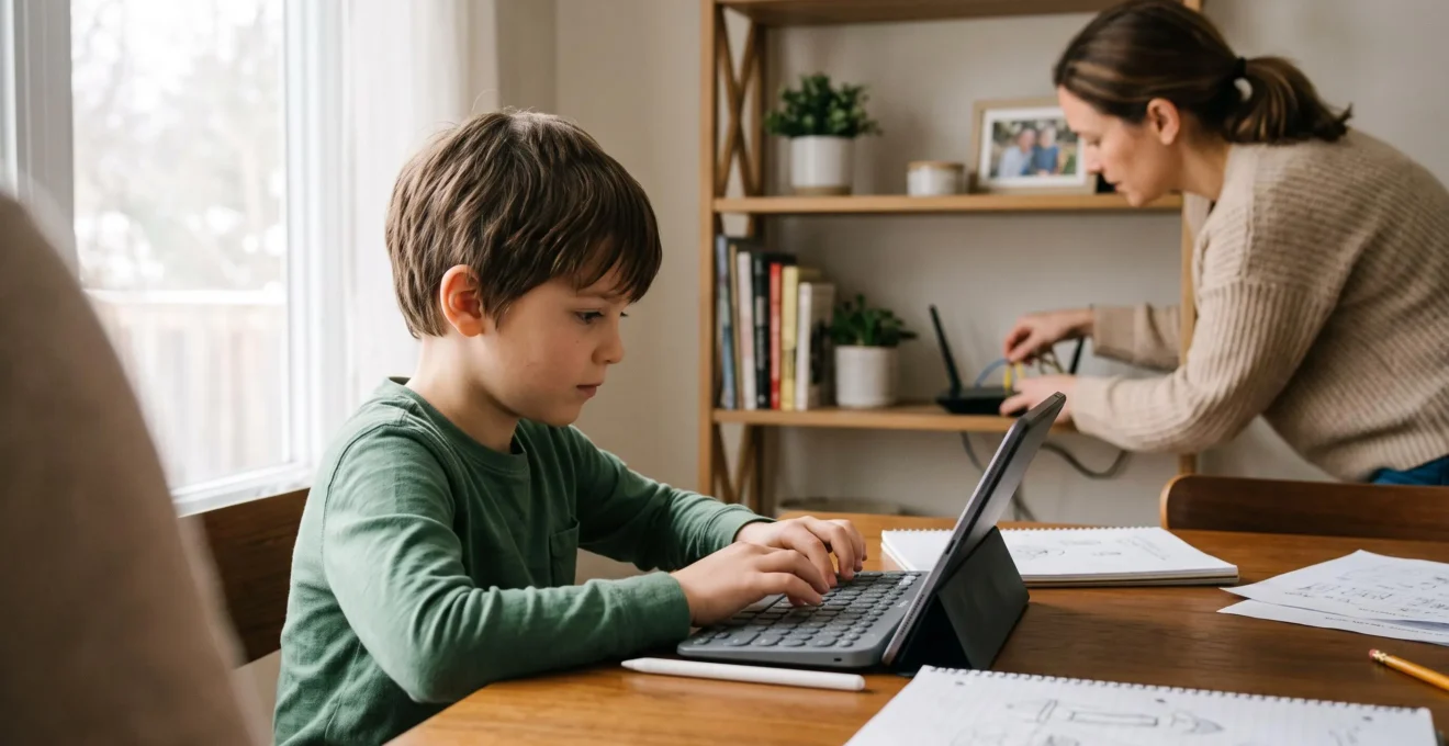 Un enfant utilise une tablette avec clavier à une table pendant qu'un parent coupe le routeur.