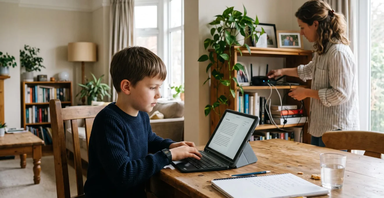 Un enfant utilise une tablette avec clavier à une table pendant qu'un parent coupe le routeur.