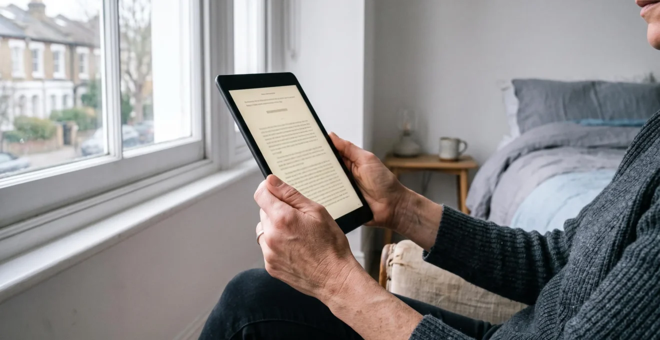Des mains tiennent une tablette à distance du visage près d'une fenêtre.