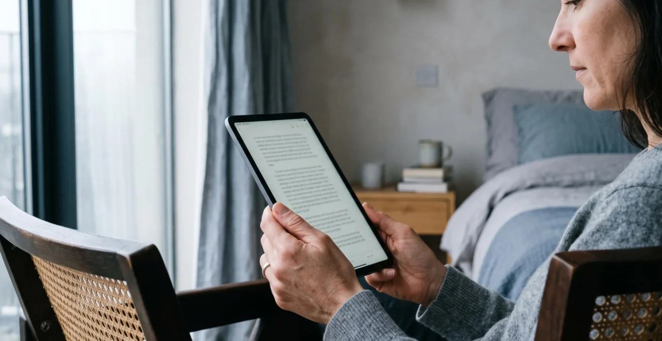 Des mains tiennent une tablette à distance du visage près d'une fenêtre.