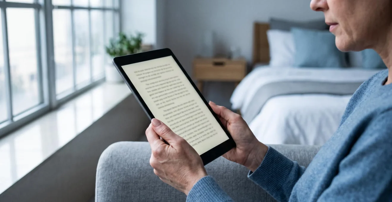Des mains tiennent une tablette à distance du visage près d'une fenêtre.