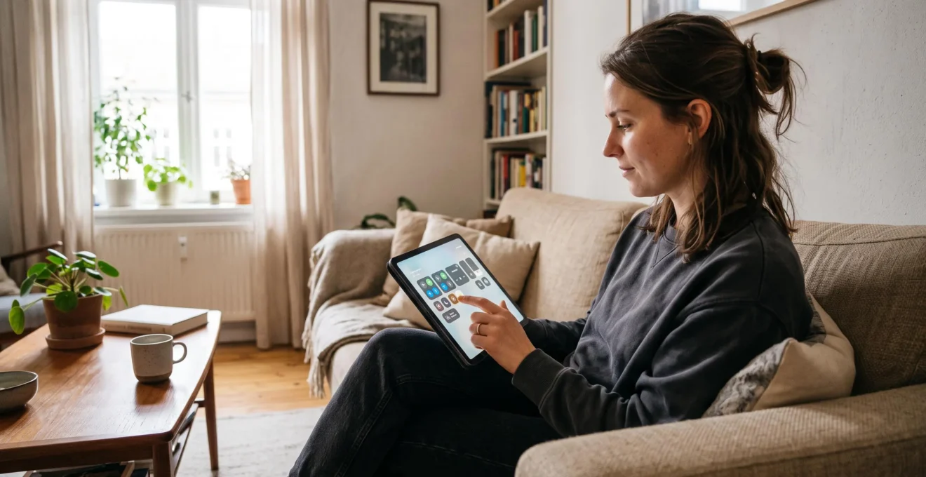 Une personne active le mode avion sur sa tablette dans un salon.