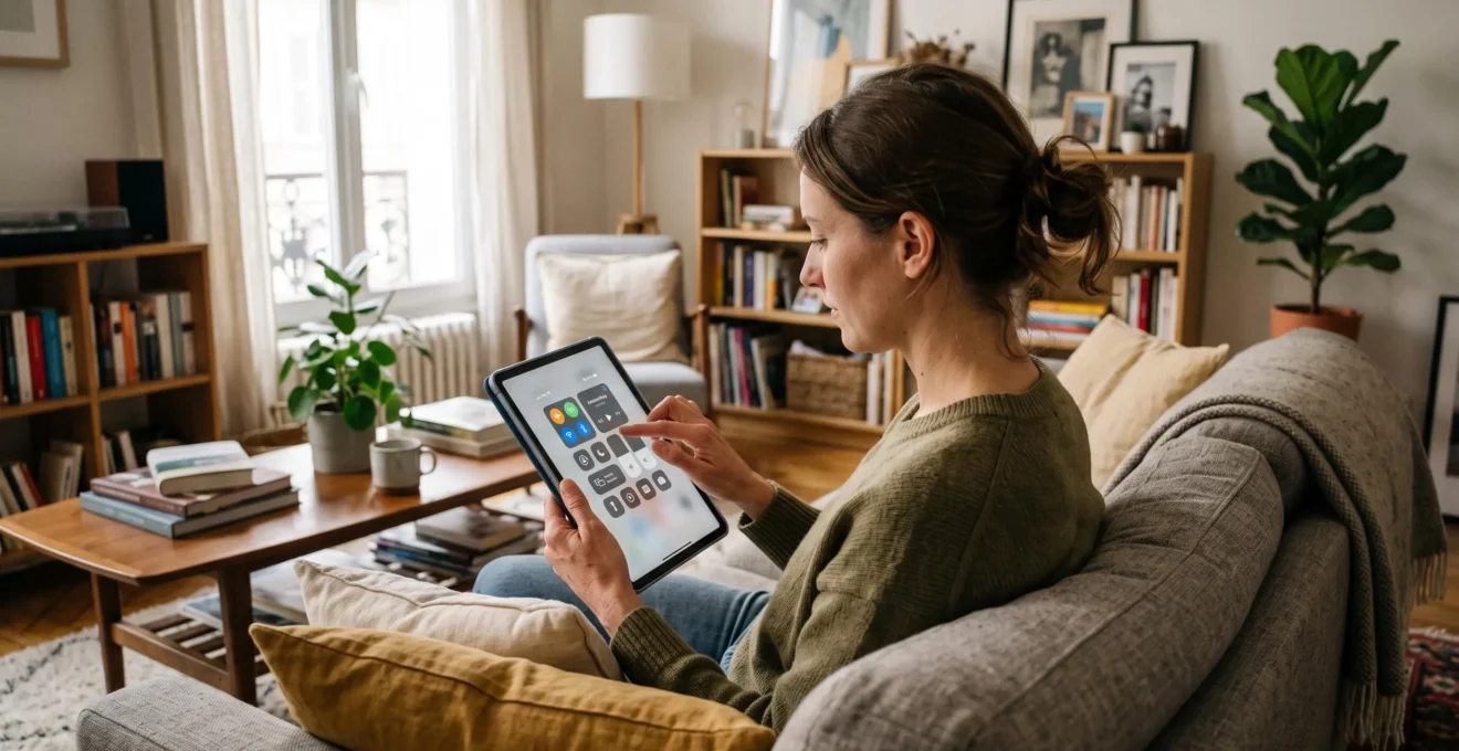 Une personne active le mode avion sur sa tablette dans un salon.