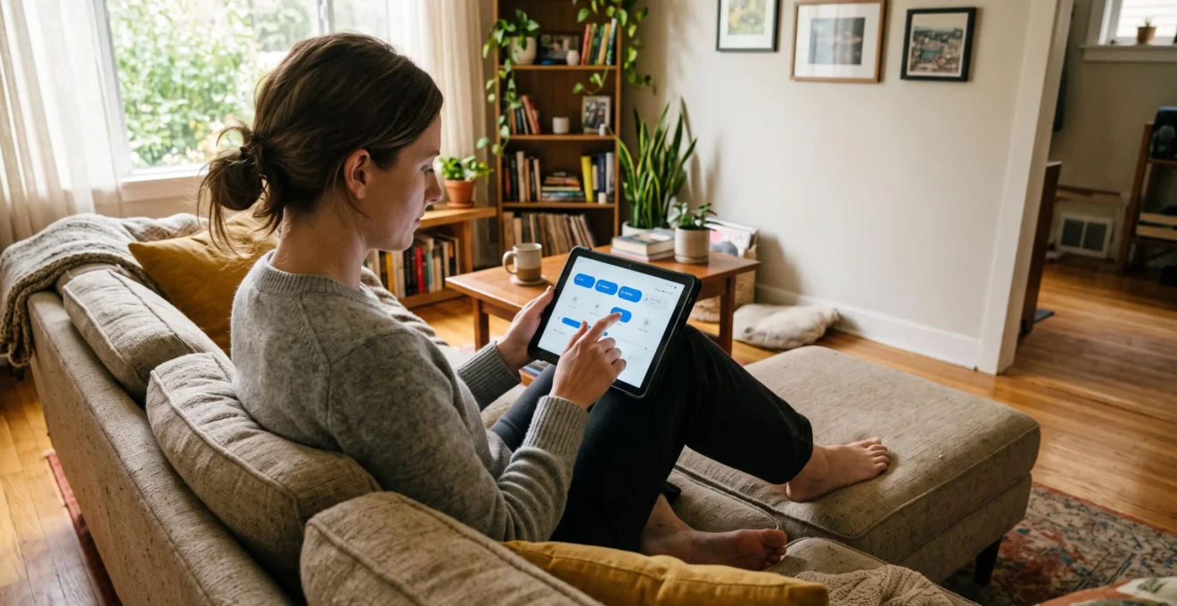 Une personne active le mode avion sur sa tablette dans un salon.