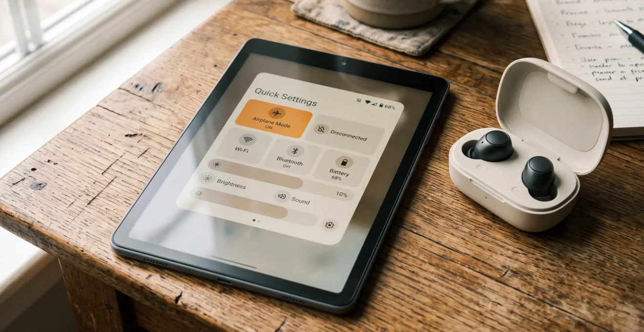 Une tablette en mode avion posée à côté d'écouteurs sans fil.