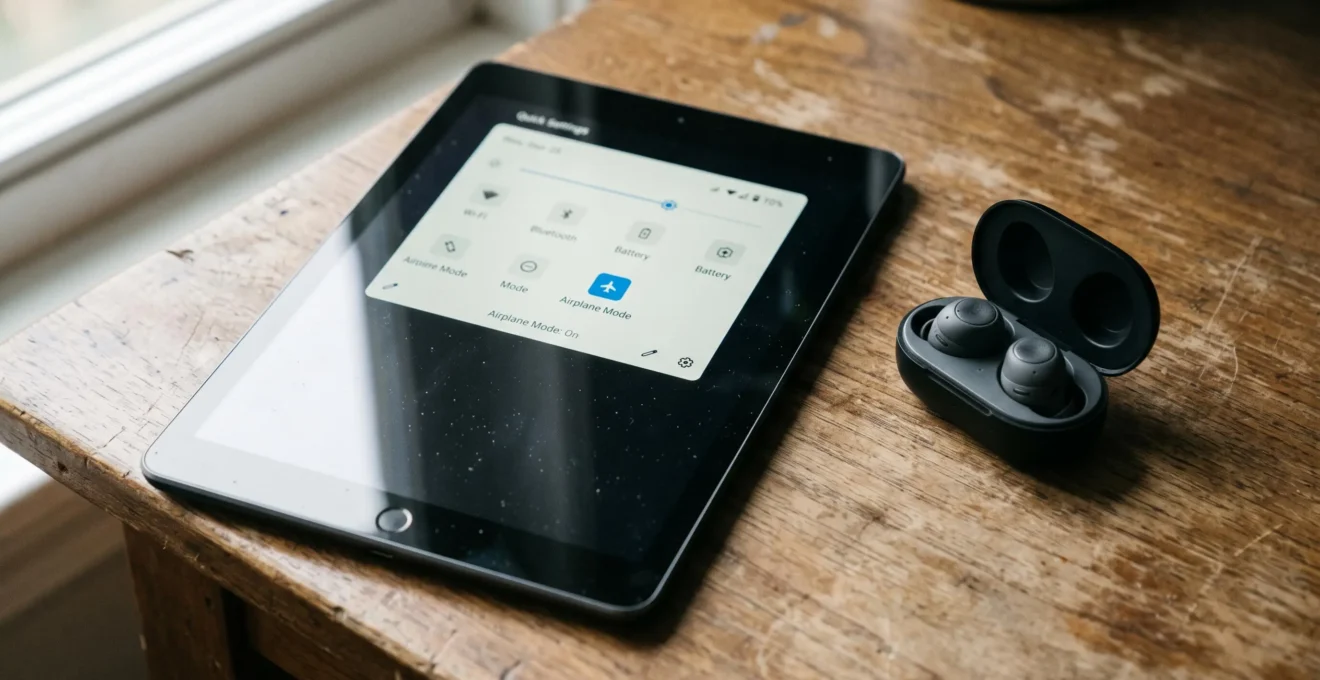 Une tablette en mode avion posée à côté d'écouteurs sans fil.